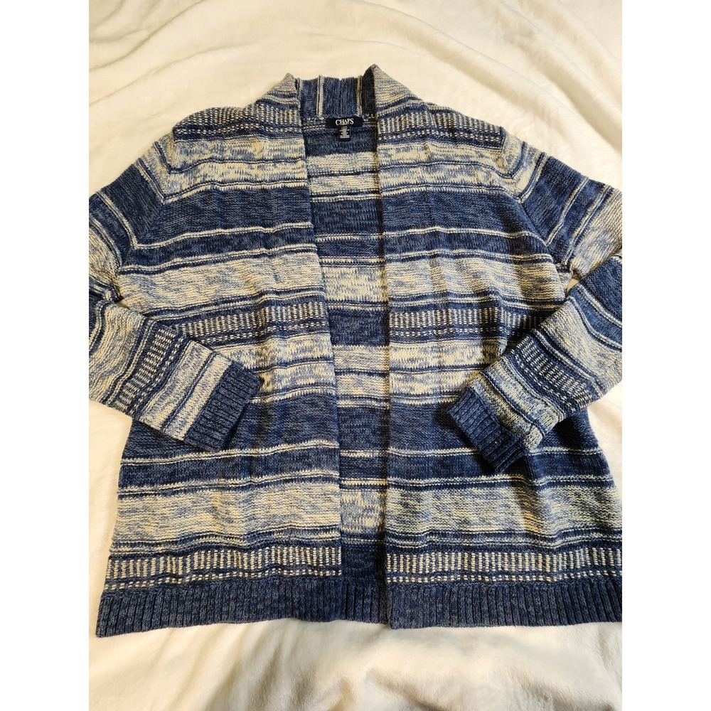 Chaps Denim Womens Blue Striped Cotton Knit Open Front Cardigan Sweater Large